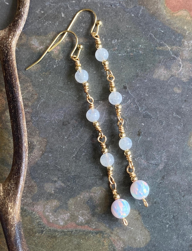 Moonstone Long Elegant Earrings in Gold, Wired Wrapped Opal Dangling Earrings, June Birthstone Earrings, October Birthstone Earrings