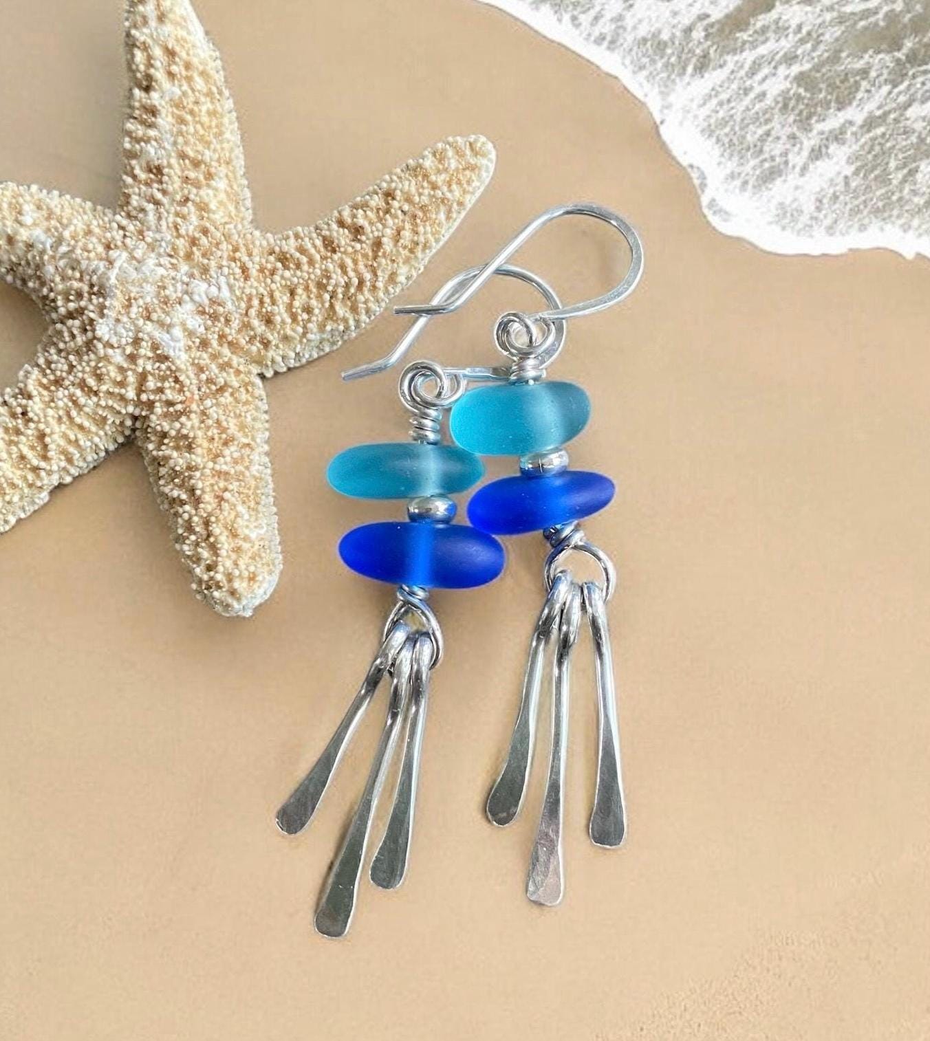 Blue Sea Glass Earrings, Beach Glass Dangling Earrings with Paddle shape Charms, .925 Sterling Silver Earrings, Beach Glass Jewelry for Her