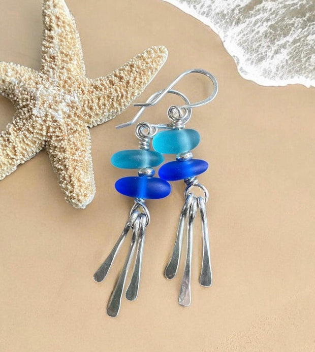 Blue Sea Glass Earrings, Beach Glass Dangling Earrings with Paddle shape Charms, .925 Sterling Silver Earrings, Beach Glass Jewelry for Her