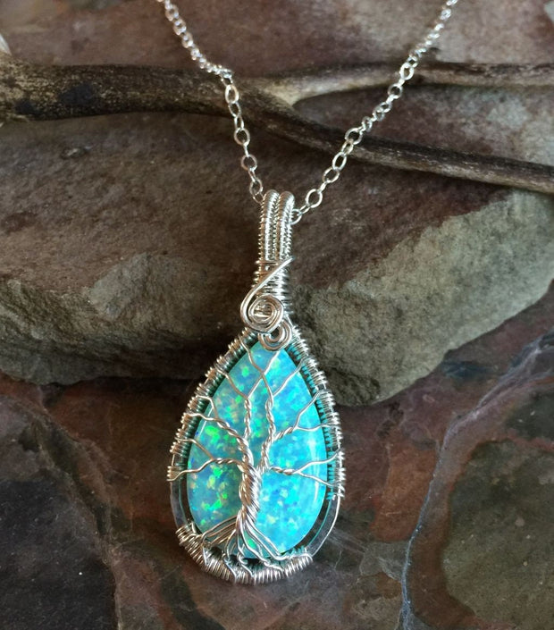 Aqua Blue Opal Necklace, Wire Wrapped Opal Tree of Life Necklace,