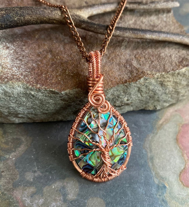 Abalone Tree of Life Copper wire Pendant, Wire Wrapped Abalone Paua Tree of Life Pendant Necklace, Tree of Life Pendant