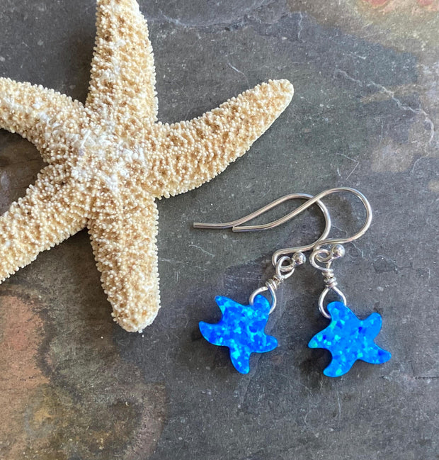 Starfish Earrings in Sterling Silver, Beach Style Summer Jewelry, Summer Vibes Ocean Theme Opal Starfish  dangling Earrings, Opal Earrings