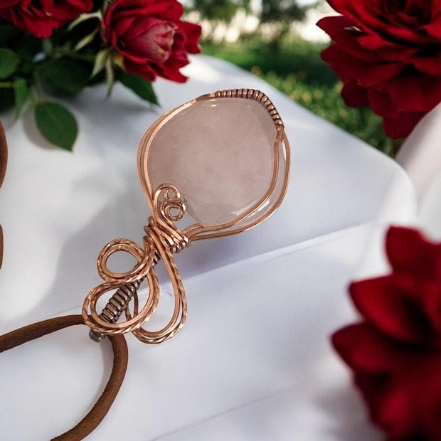 Wire Wrapped Rose Quartz Pendant,Rose Quartz Copper Necklace,Pink Rose Quartz Jewelry, Healing Gemstone ,Grandmas Gift, Rose Quartz Heart