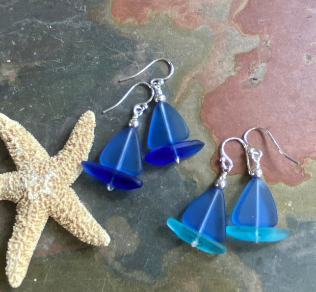 Light Sapphire Blue Sea Glass Earrings, STERLING SILVER Sailboat Sea Glass Earrings, Blue Sea Glass Earrings, Beach Weddings,, Sea glass