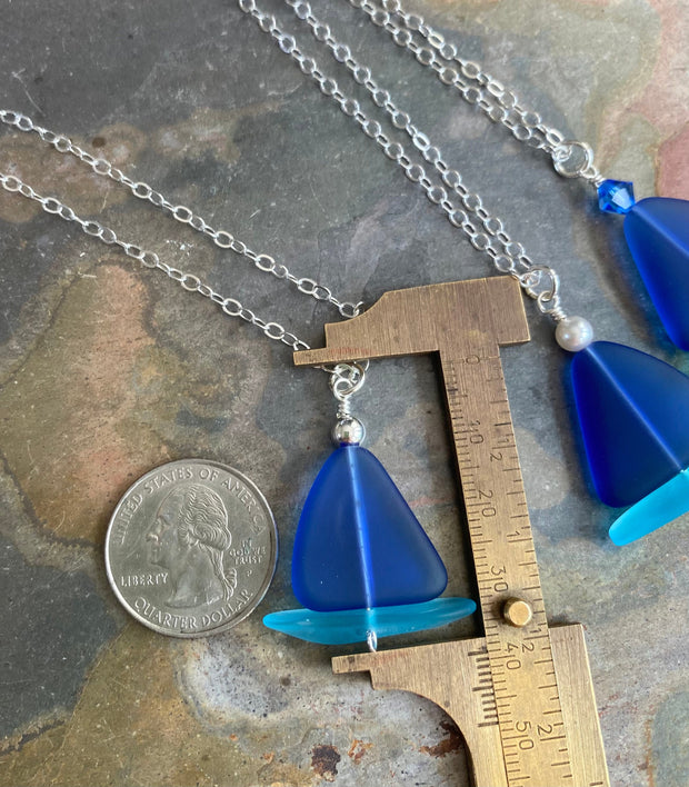 Sterling Silver Sailboat Necklace with chain,Beach Glass Necklace, Cobalt Blue Sea Glass Necklace,Beach Weddings,Bridesmaid Necklace/jewelry