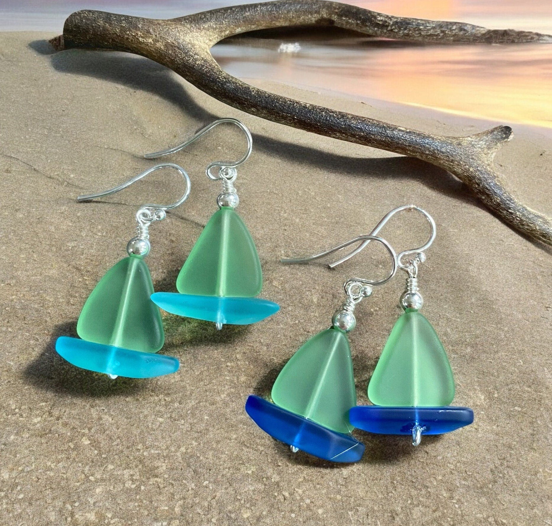 STERLING SILVER Peridot Green Beach Glass Earrings, Green Sea Glass dangling Earrings, beach Wedding Earrings, Beach Summer  Earrings,