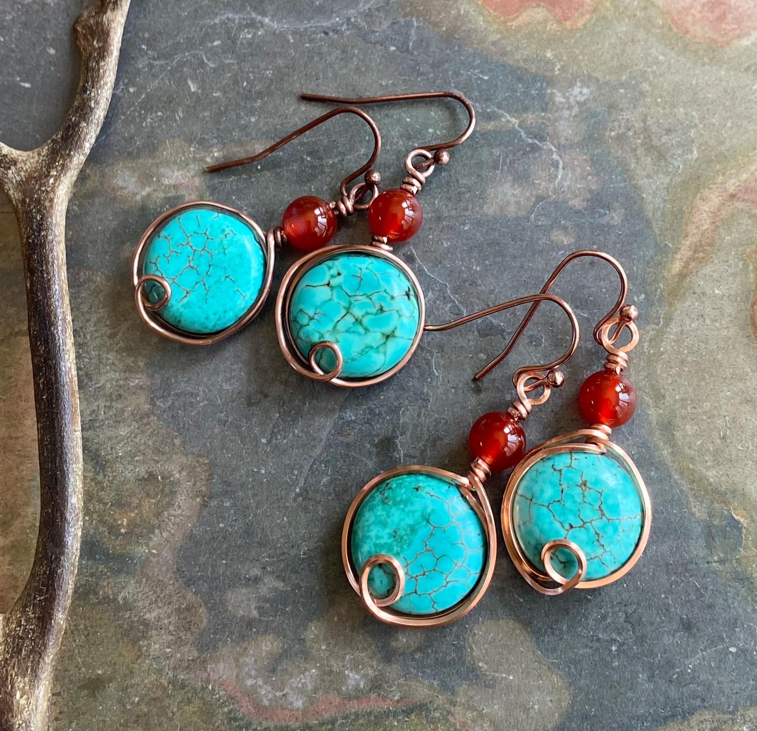 Turquoise Carnelian Earrings in Copper, Wire Wrapped Howlite Turquoise  Dangle Earrings,   Rustic Jewelry, Handmade Jewelry, Gifts for Women