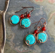 Turquoise Carnelian Earrings in Copper, Wire Wrapped Howlite Turquoise  Dangle Earrings,   Rustic Jewelry, Handmade Jewelry, Gifts for Women