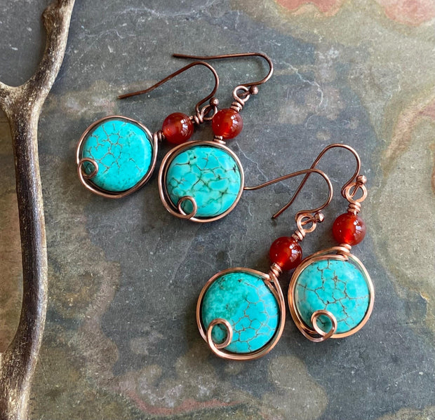 Turquoise Carnelian Earrings in Copper, Wire Wrapped Howlite Turquoise  Dangle Earrings,   Rustic Jewelry, Handmade Jewelry, Gifts for Women