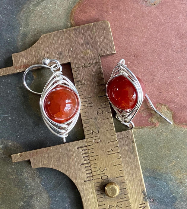 Wire Wrapped Fire Agate Earrings, Orange Fire Agate Gemstone Earrings, Agate Herringbone Earrings in Copper, Fire Agate Copper Earrings,