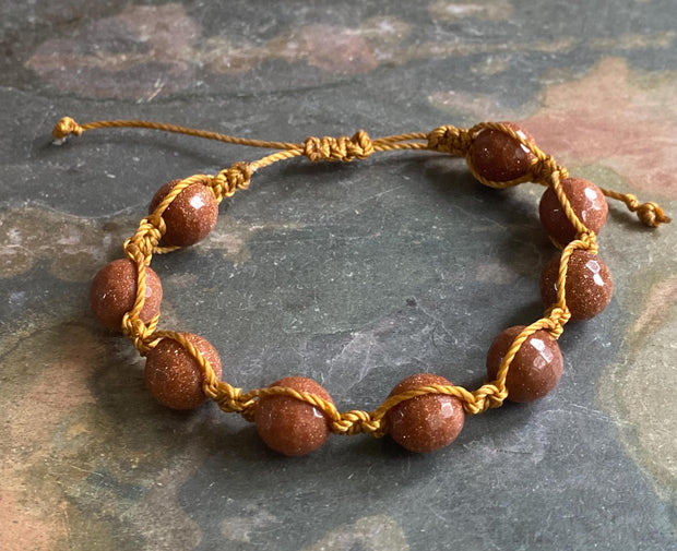 Macramé Goldstone Bracelet with Sliding Knot ,Bohemian Design Jewelry, Boho Style Stone Beaded Adjustable  Bracelet, Brown Bracelet,