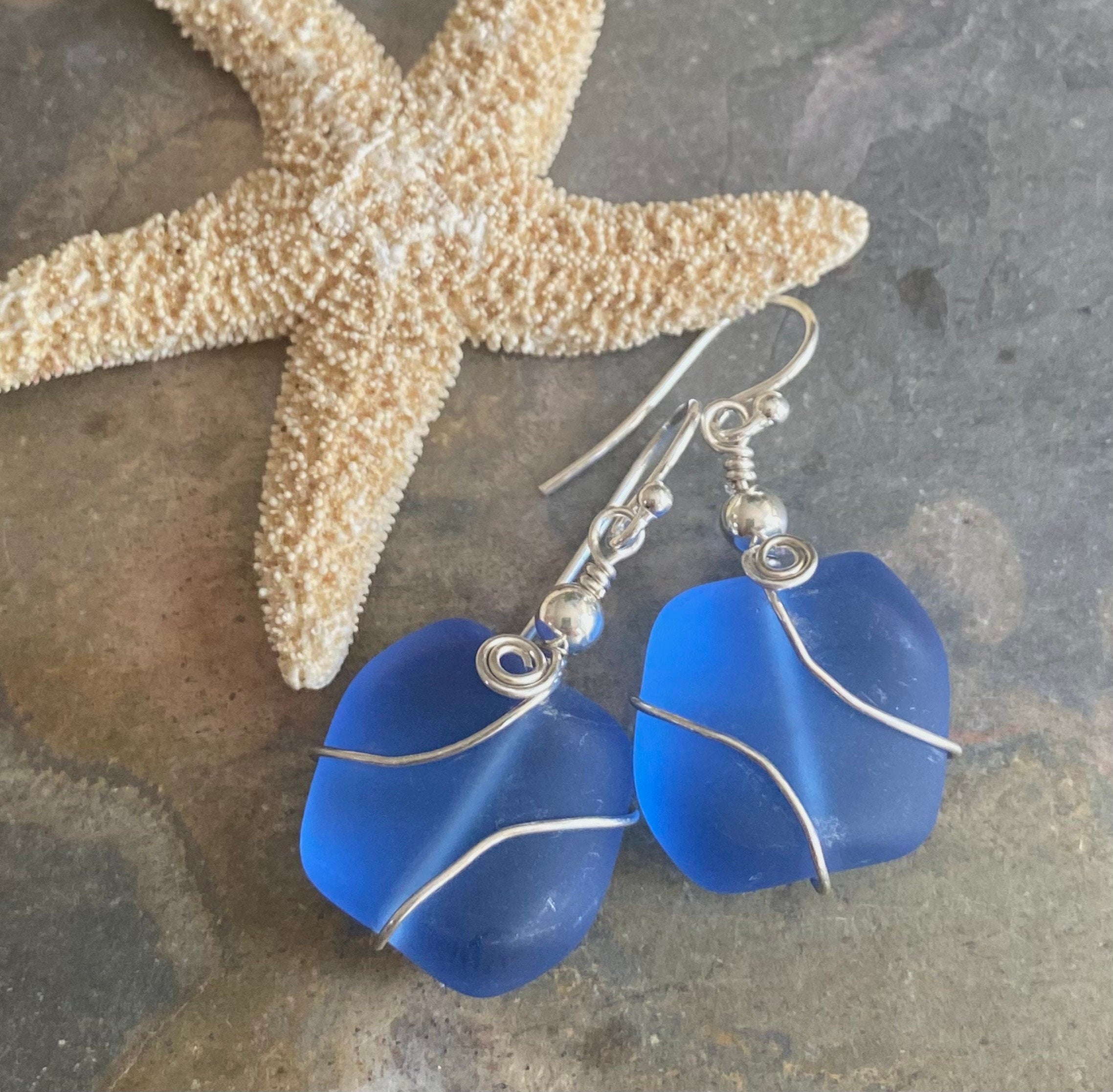 Sterling Silver Blue Sea Glass Earrings,Sky Blue Sea Glass Earrings, Blue Sea Glass Earrings, Beach Jewelry,  Blue  Glass Dangling  Earrings