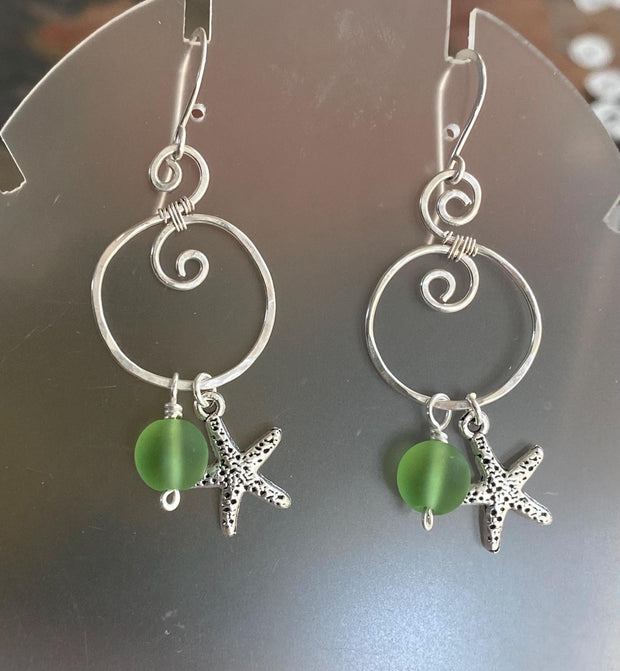 Spiral Sea Glass Earrings with Starfish Silver Charm, Spiral Dangle Earrings, Spiral Green Sea Glass Nautical Earrings, Ocean Theme Earrings