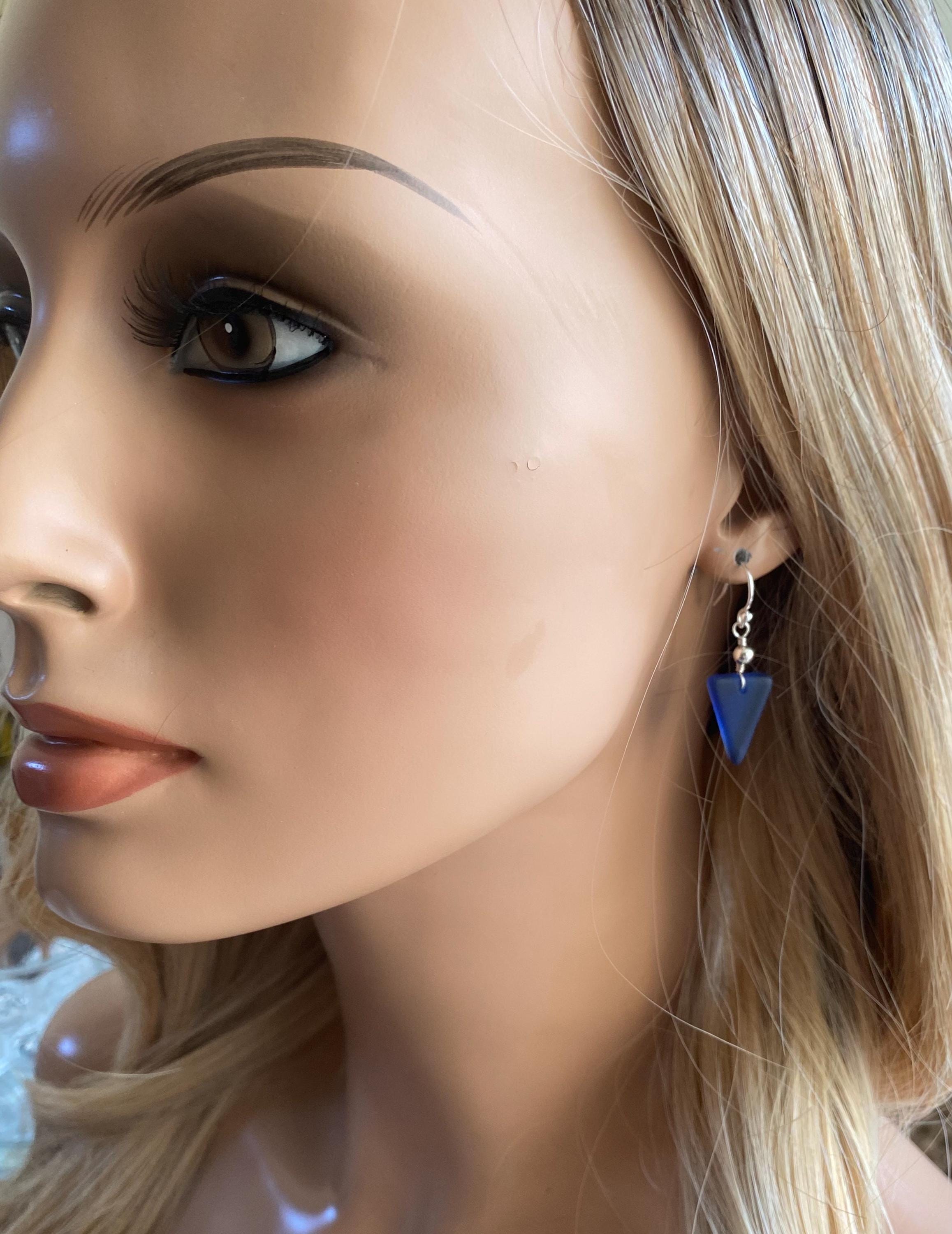 Blue Sea glass Triangle designed Earring in Sterling Silver, Wire Wrapped Sea Glass Earrings, Everyday Casual Dangling Blue Earrings,