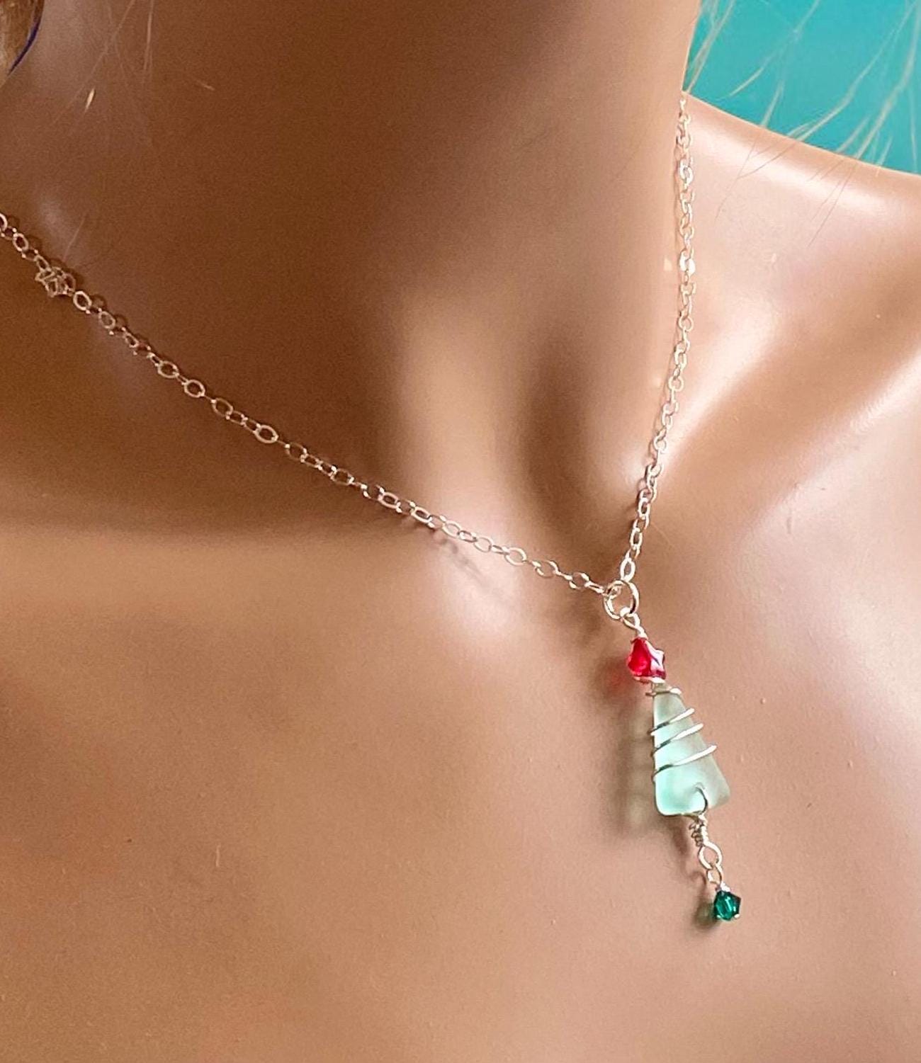 Sterling Silver Wired Christmas Tree Necklace, Sea Glass Christmas Tree Necklace, Holiday Jewelry, Holiday Gifts for Her, Coastal Holiday