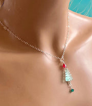 Christmas Tree Necklace, Sea Glass Christmas Tree Necklace, Holiday Jewelry