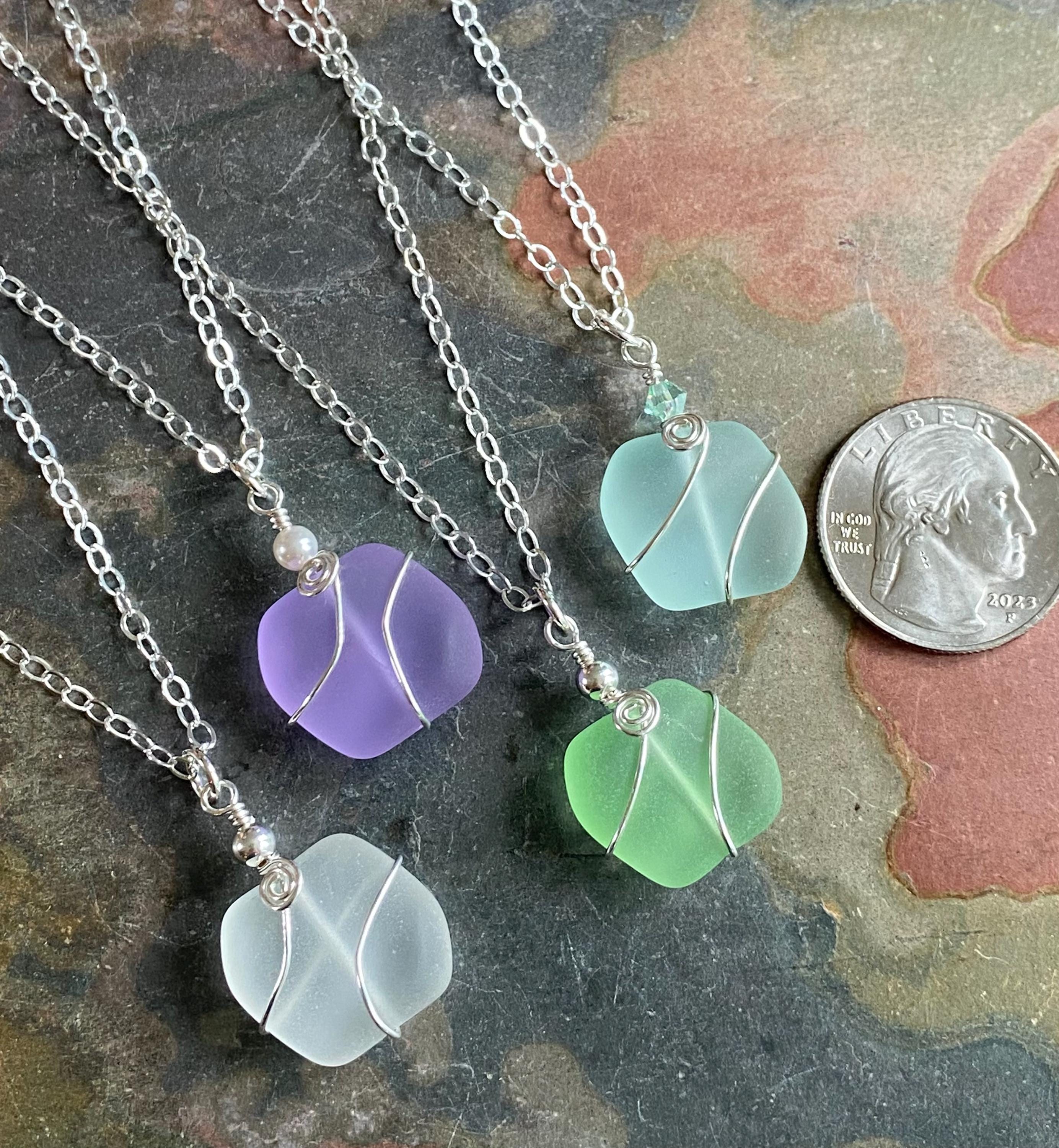 Sea Glass Pendant Necklace, Wire Wrapped Beach Glass Necklace, Sterling Silver Sea Glass, Blue, Green, Periwinkle & White Sea Glass Necklace