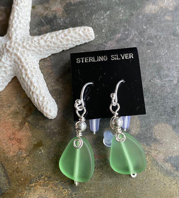 Green SeaGlass Earrings in Sterling Silver, Light Green Sea Glass Earrings, Beach Weddings, Beach Glass Jewelry, Peridot Sea glass Earrings