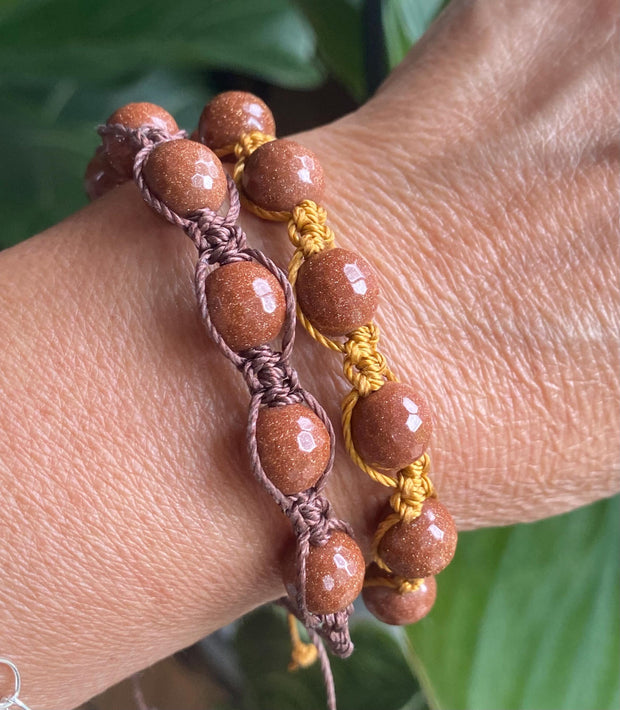 Macramé Goldstone Bracelet with Sliding Knot ,Bohemian Design Jewelry, Boho Style Stone Beaded Adjustable  Bracelet, Brown Bracelet,