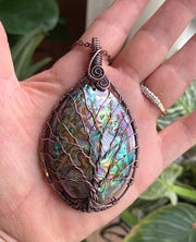 Wire Wrapped Rainbow Abalone Necklace in Antiqued Copper WHOLE PIECE, Abalone Shell Pendant, Abalone Shell Tree of Life Copper Necklace,