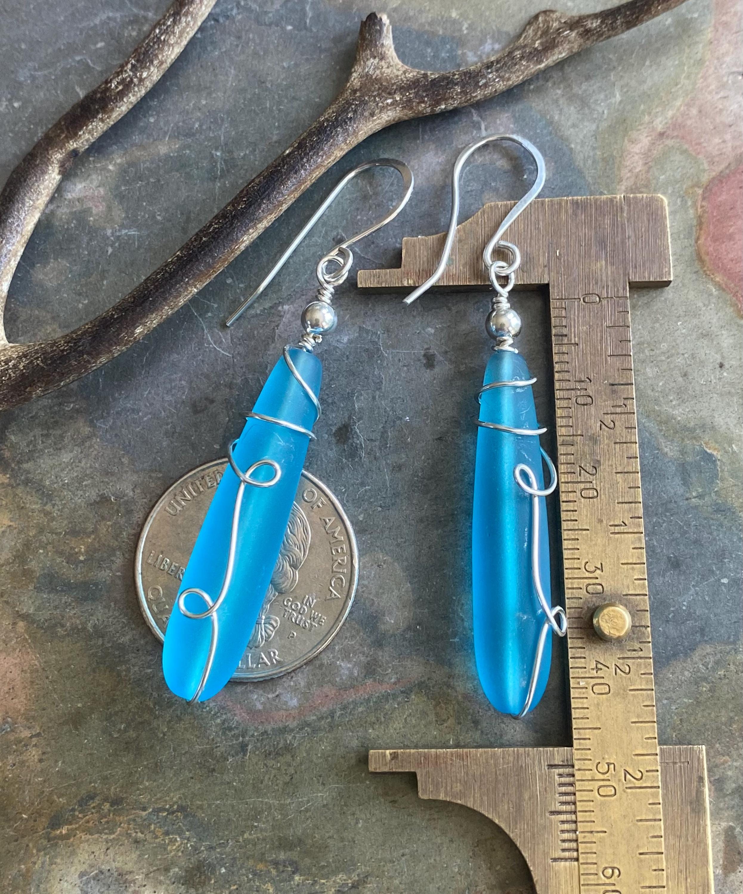 Wire wrapped Long Sea Glass Earrings in Sterling Silver, Pacific Blue Sea Glass Silver Earrings,Beach Weddings,Sea Glass Jewelry,Beach Glass