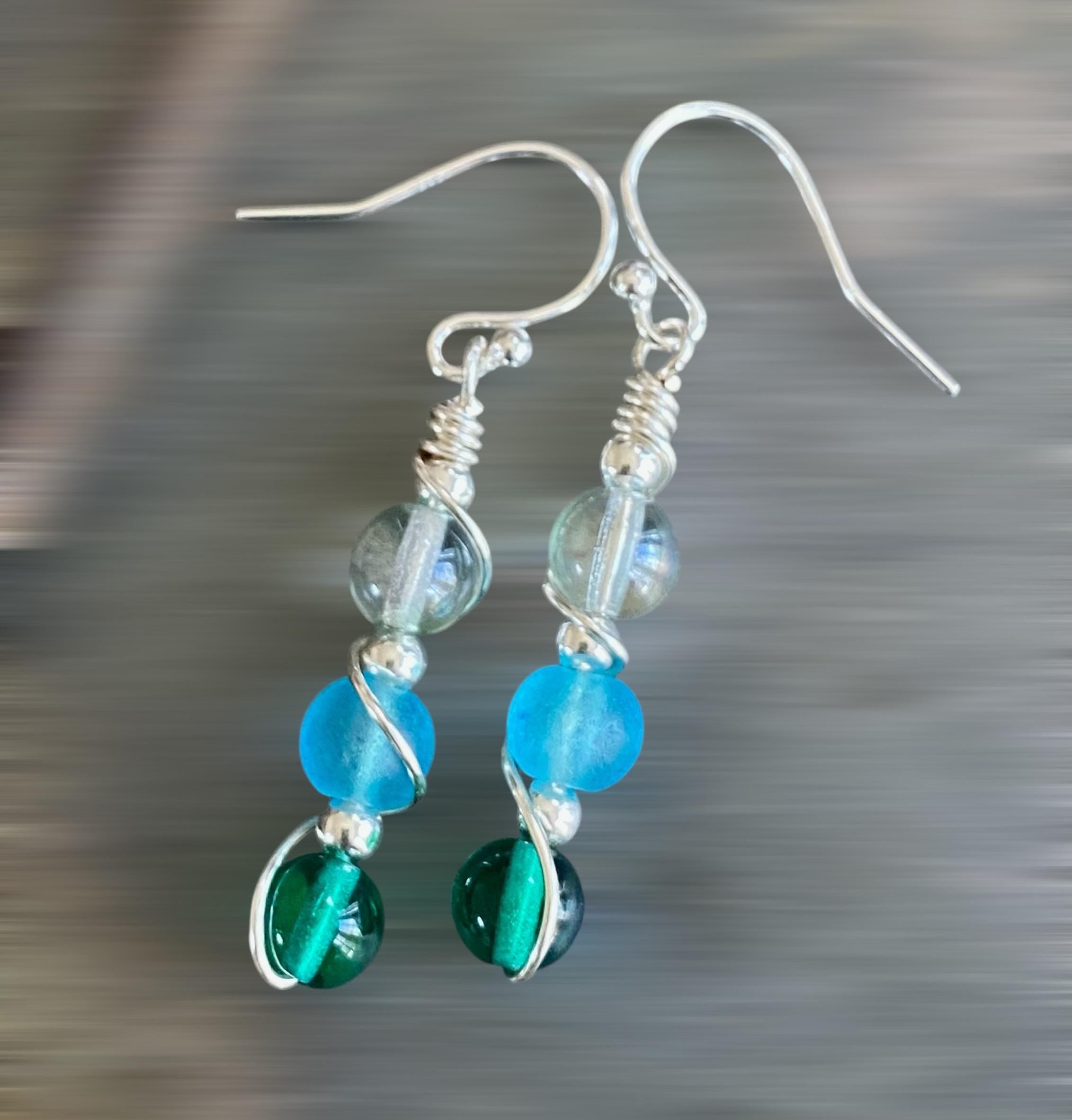 Wire wrapped Sea Glass Jewelry in Sterling Silver, Sea Glass Silver Earrings, Dangling Earrings ,Beach Weddings, Sea Glass  earrings