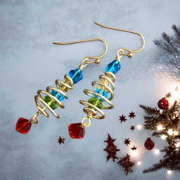 READY to  SHIP in 1 to 2  days, Christmas Tree Earrings, Wired Christmas Earrings, Swirled Christmas Tree dangling Earrings, Holiday jewelry