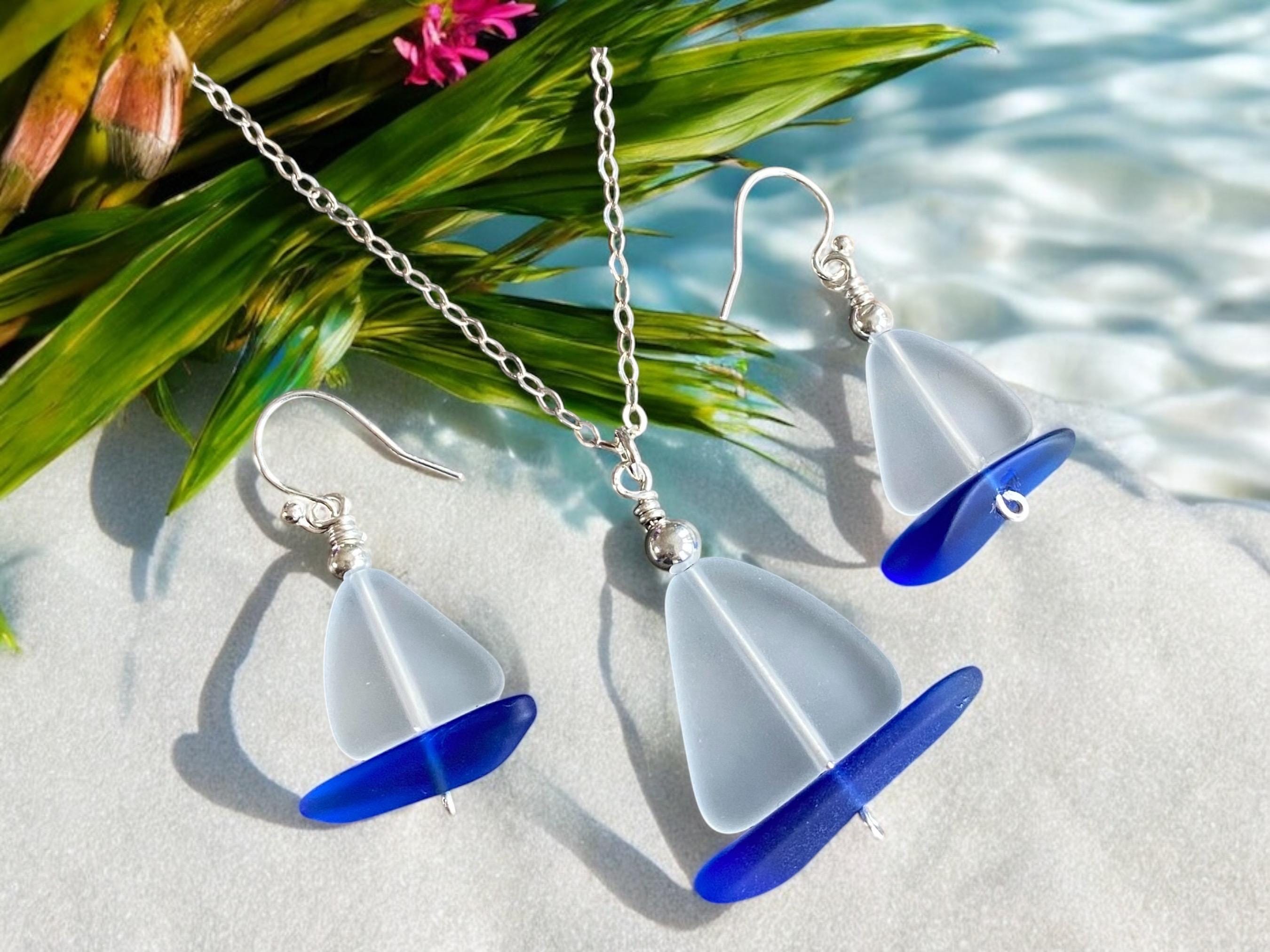White Sea Glass Sailboat Earrings in Sterling Silver, Ocean-Inspired Beach Glass Sailboat Necklace and Earring SET,  Nautical Beach Jewelry"