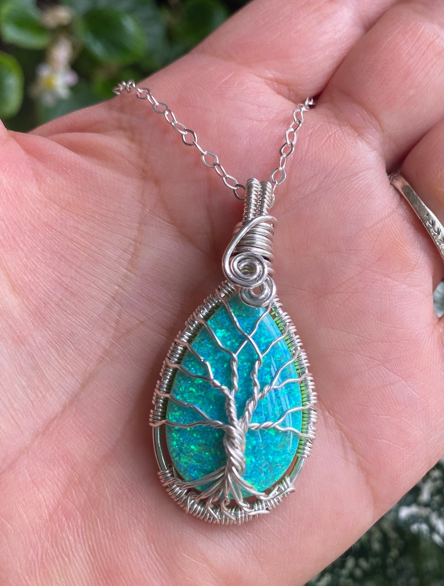 Ready Ship in 1 to 2 days, Aqua Blue  Opal Necklace, Lab Created Opal Tree of Life Jewelry,  October Birthstone Jewelry,