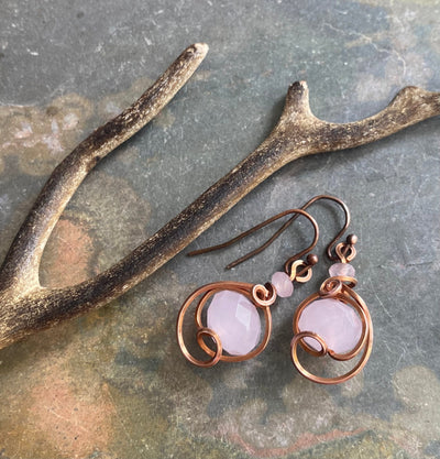 Rose Quartz Earrings, Wire Wrapped Rose Quartz Dangling/Drop Earrings in copper, Pink Rose Quartz dangle Earrings,  Rose Quartz Jewelry,