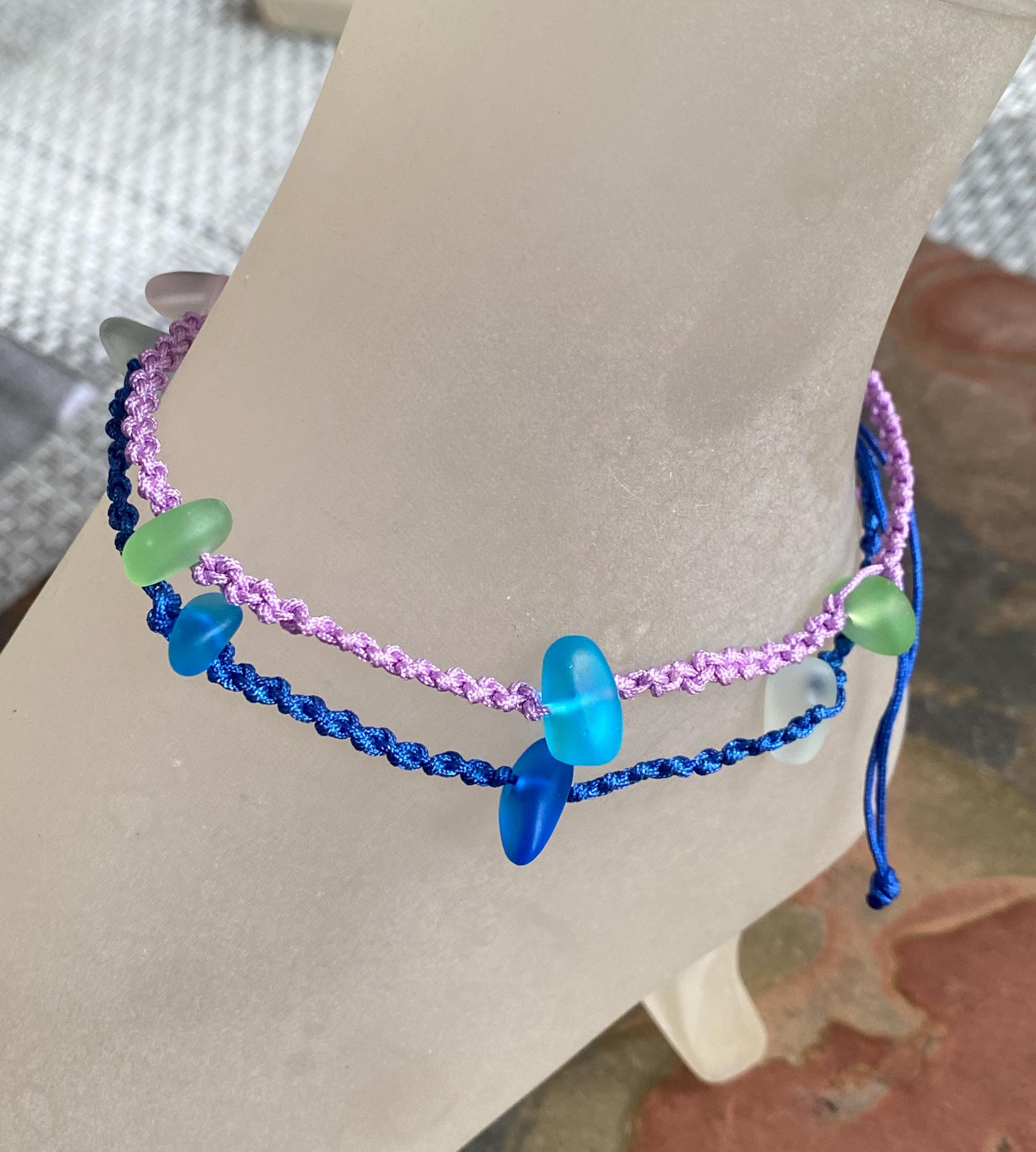 Adjustable Sea Glass Macrame Anklets, Sea Glass Ankle Bracelet, Blue Green Ankle Bracelet, Nautical Sea Glass Bracelet, Sea Glass Jewelry