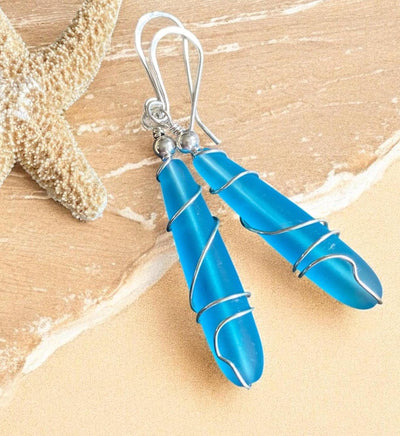 Pacific Blue Dangle Earring, Wire Wrap Blue Sea Glass in Sterling Silver, Sea Glass Beach Jewelry Summer Accessory, Ocean Theme Coastal Gift