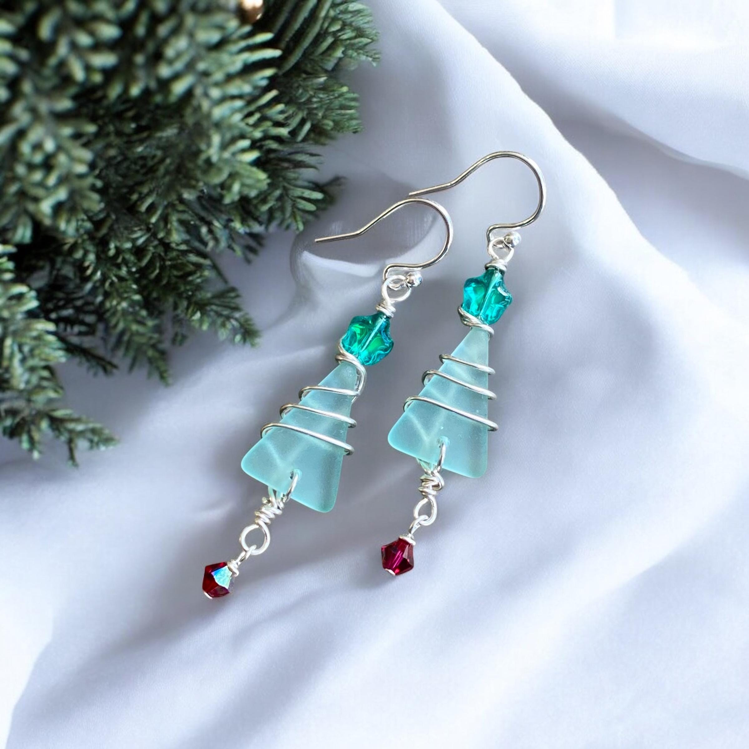Christmas Tree Earrings, Sea Glass Christmas Dangle Earrings, Sterling Silver Holiday Christmas Earrings, Coastal Holiday Earrings