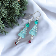 Christmas Tree Earrings, Seafoam Green Sea Glass Christmas Dangle Earrings,
