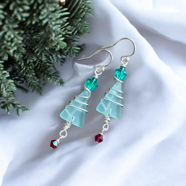Christmas Tree Earrings, Seafoam Green Sea Glass Christmas Dangle Earrings,