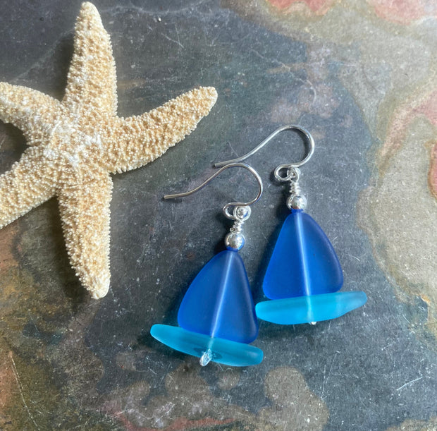 Light Sapphire Blue Sea Glass Earrings, STERLING SILVER Sailboat Sea Glass Earrings, Blue Sea Glass Earrings, Beach Weddings,, Sea glass