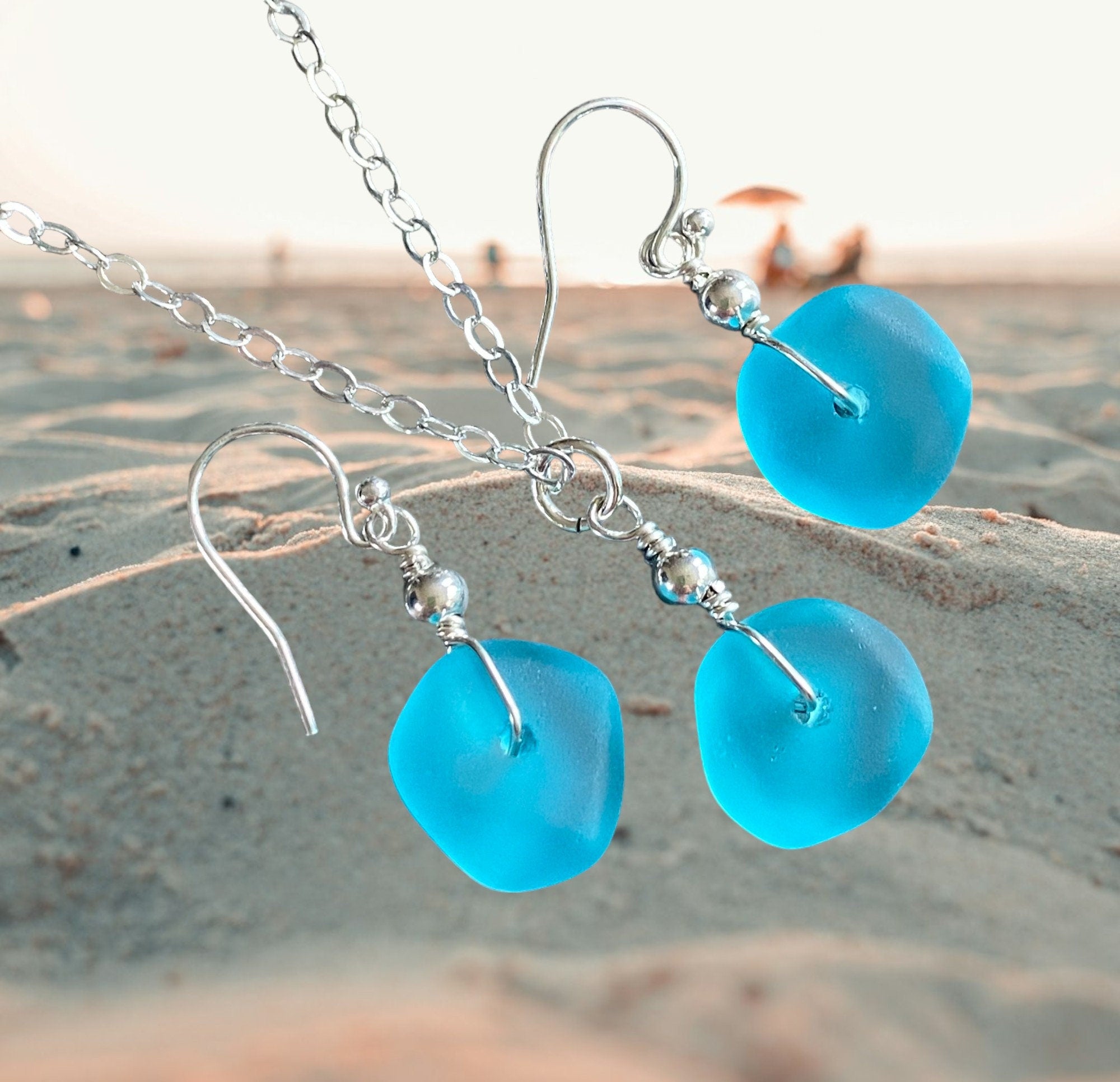 Turquoise Blue Beach Glass Jewelry, Blue Sea Glass  Necklace and Earrings in Sterling Silver, Sea Glass Necklace,  Sea Glass Jewelry SET,
