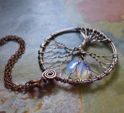 Blue Opalite Full Moon Tree of Life Pendant in Antiqued copper - Wire Wrapped Full Moon Tree of Life Pendant Necklace, Opalite Moon Tree