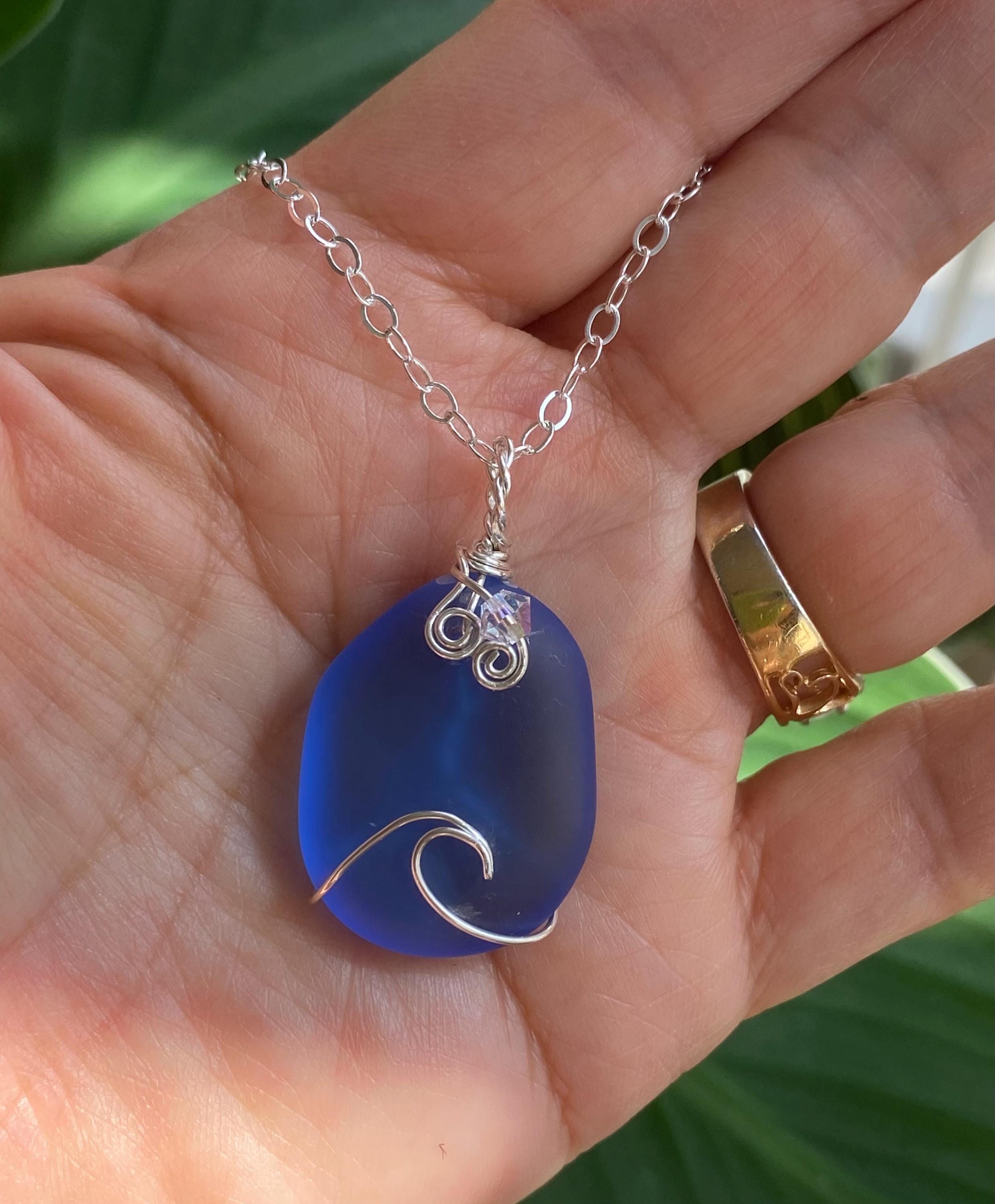 Blue Wave Necklace, Blue Sea Glass Wave necklace, Seaglass Pendant Wave Design Sterling Silver Wire Necklace,Beach Style Ocean Wave Swirl