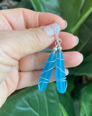 Pacific Blue Dangle Earring, Wire Wrap Blue Sea Glass in Sterling Silver, Sea Glass Beach Jewelry Summer Accessory, Ocean Theme Coastal Gift