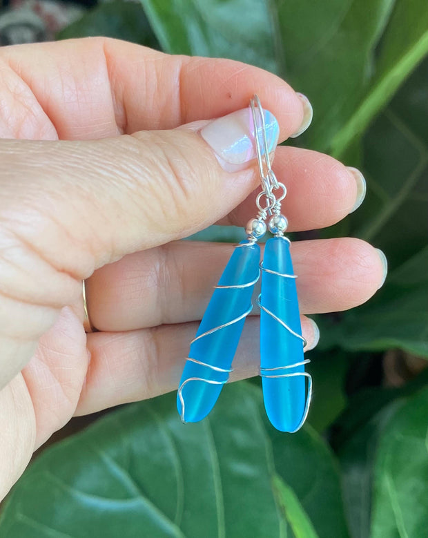 Pacific Blue Dangle Earring, Wire Wrap Blue Sea Glass in Sterling Silver, Sea Glass Beach Jewelry Summer Accessory, Ocean Theme Coastal Gift