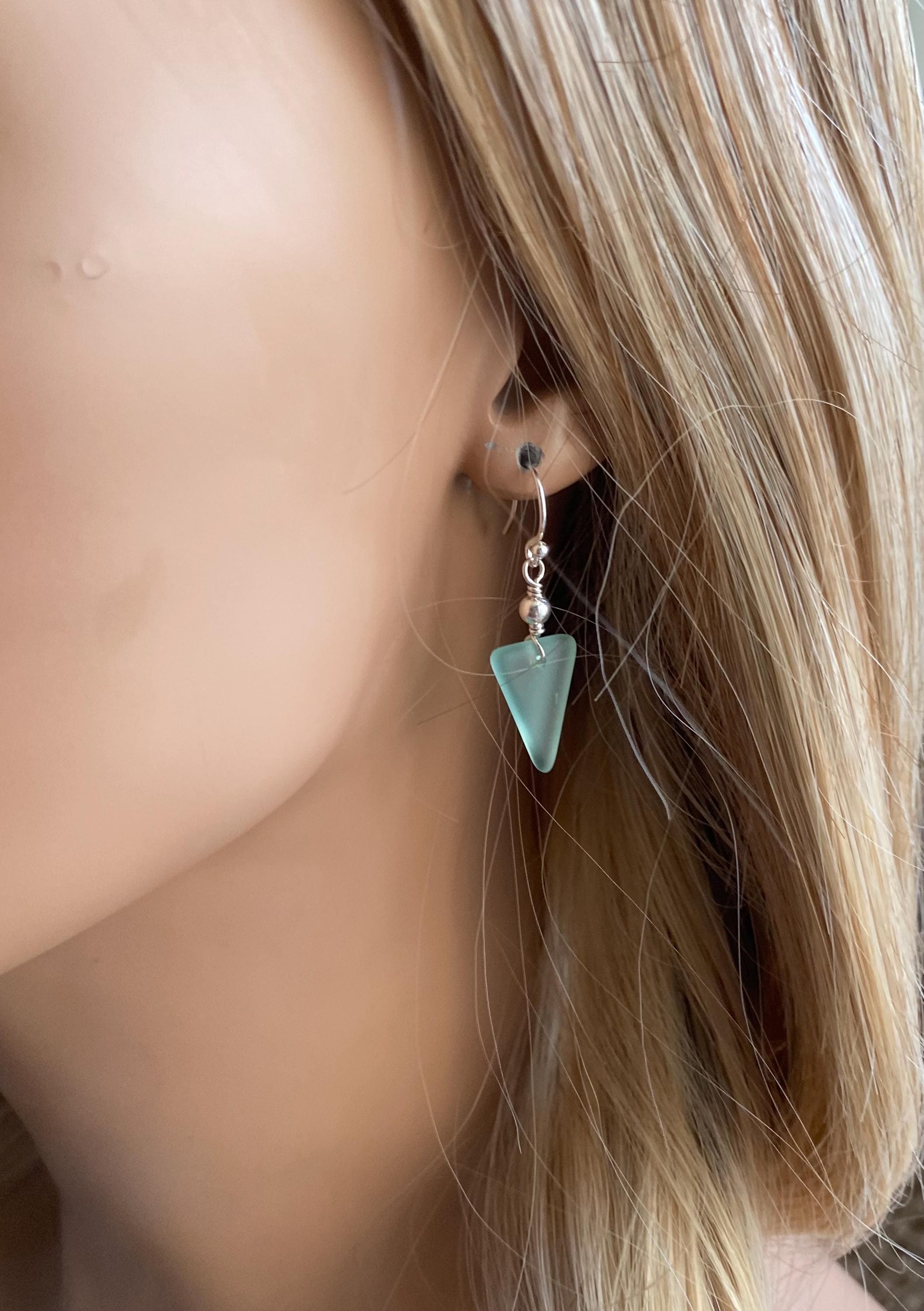 Seafoam Sea glass Triangle designed Earring in Sterling Silver, Wire Wrapped Sea Glass Earrings, Everyday Casual Dangling  Earrings,