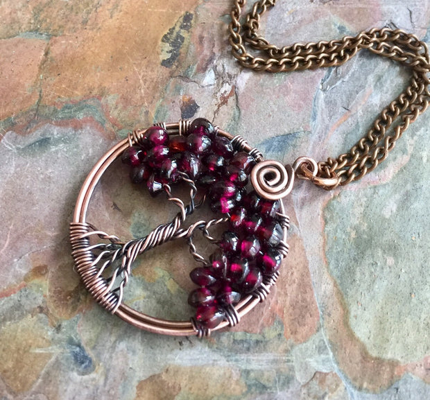 Garnet Necklace in Copper,Garnet tree of Life Necklace,Wire Wrapped Garnet Tree of Life,January Birthstone Tree of Life Jewelry, Red Garnet