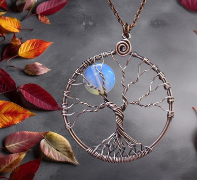 Blue Opalite Full Moon Tree of Life Pendant in Antiqued copper - Wire Wrapped Full Moon Tree of Life Pendant Necklace, Opalite Moon Tree