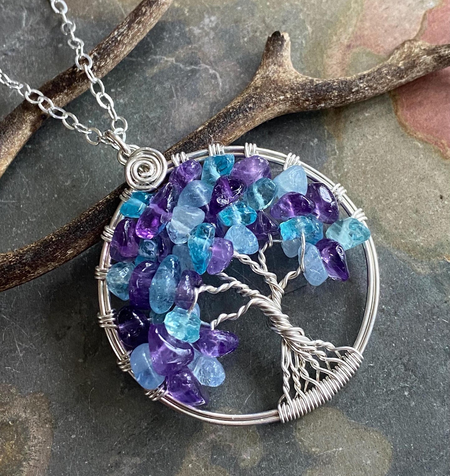 Birthstone Tree of Life necklace with amethyst and aquamarine, Amethyst and Aquamarine Tree of Life, Customizable Tree of Life necklace