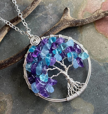 Birthstone Tree of Life necklace with amethyst and aquamarine, Amethyst and Aquamarine Tree of Life, Customizable Tree of Life necklace
