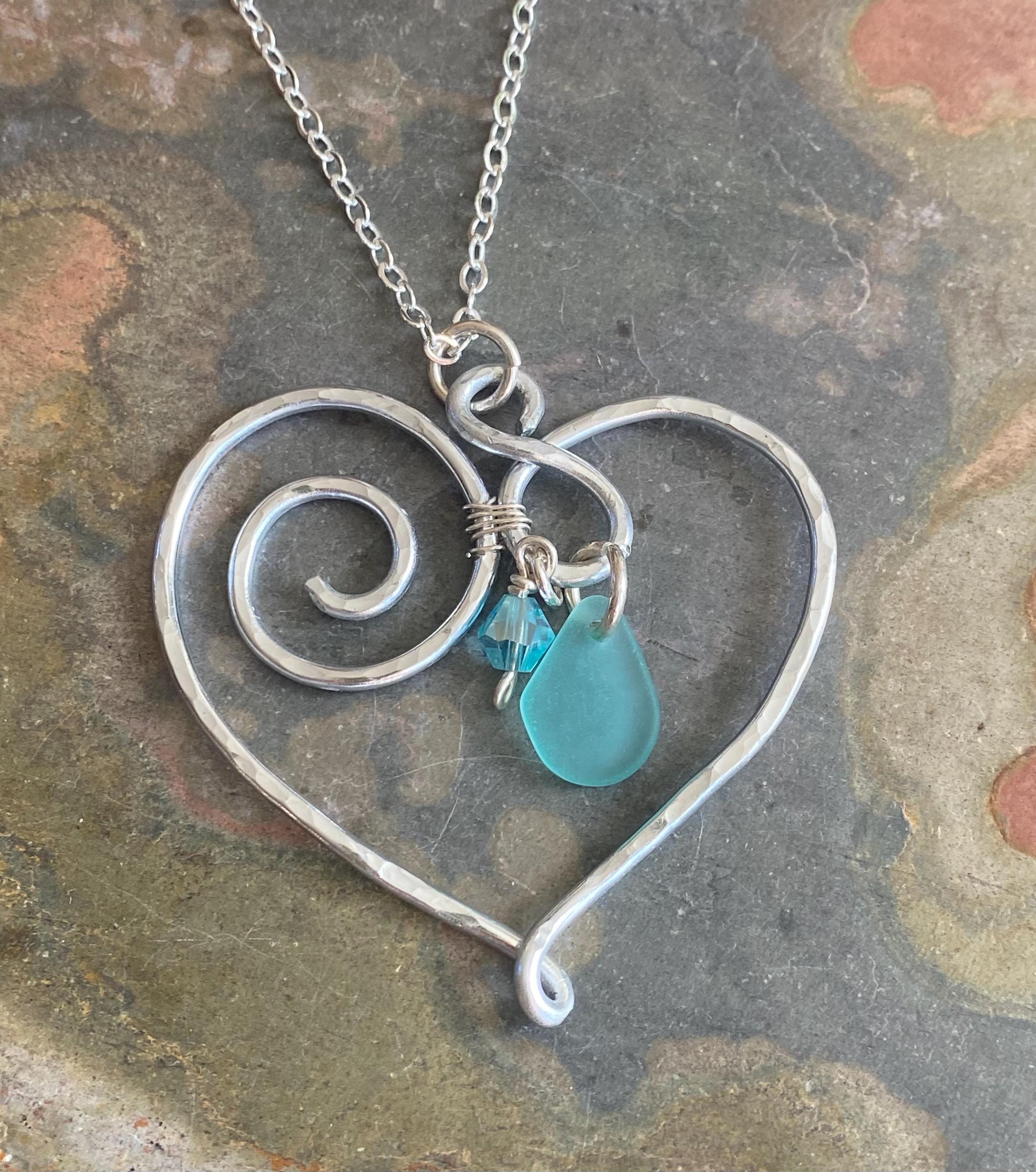 Wire Wrapped Heart Necklace with Sea Glass, Heart Pendant Necklace, Beach Glass Heart Necklace, Love Heart Necklace,Statement Wired Necklace