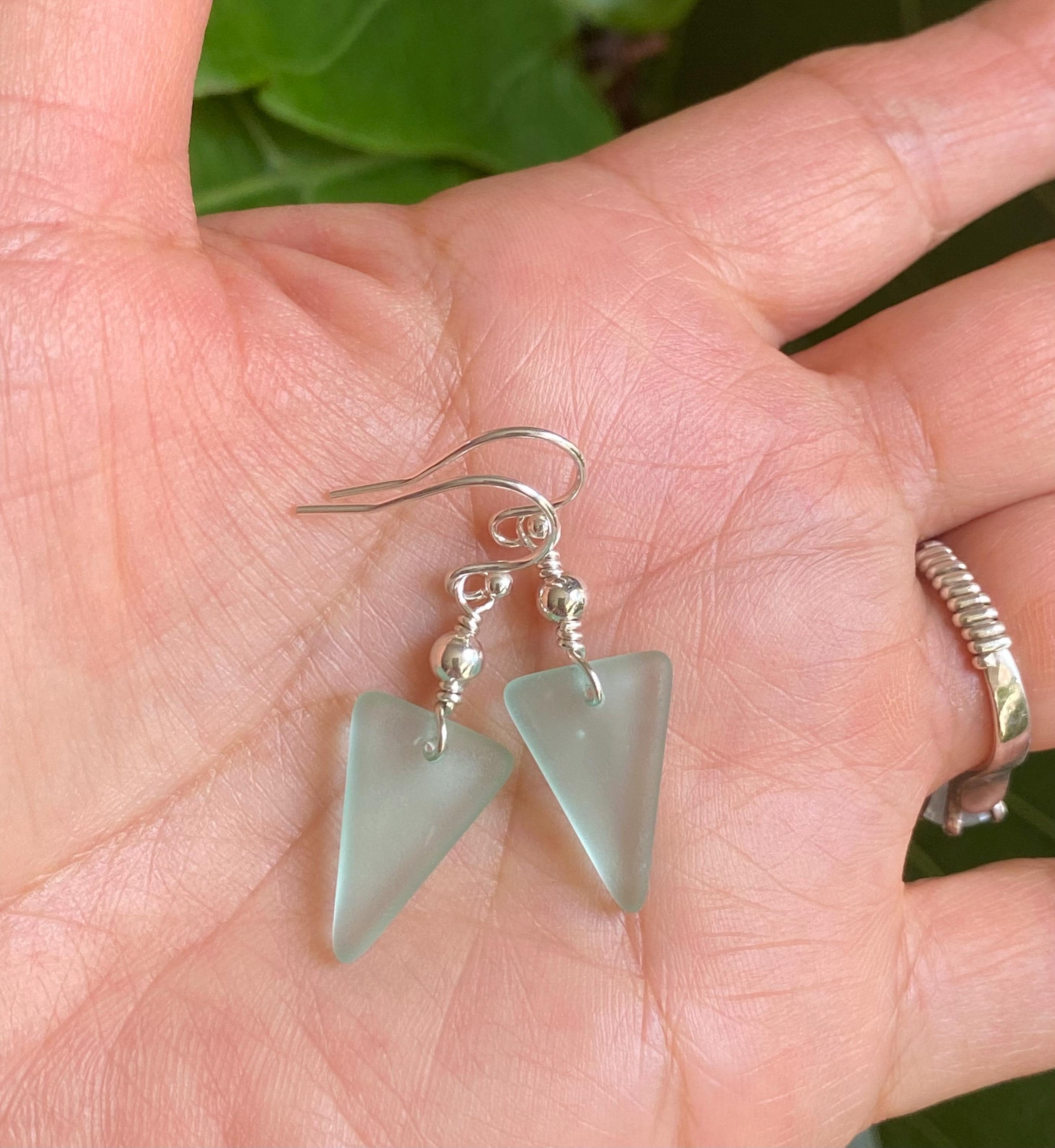 Seafoam Sea glass Triangle designed Earring in Sterling Silver, Wire Wrapped Sea Glass Earrings, Everyday Casual Dangling  Earrings,