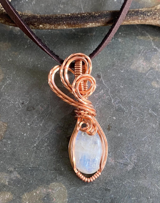 Wire Wrapped Moonstone Necklace in Natural  Copper,Rainbow Moonstone Necklace, Blue Flashing Moonstone Necklace,June Birthstone necklace