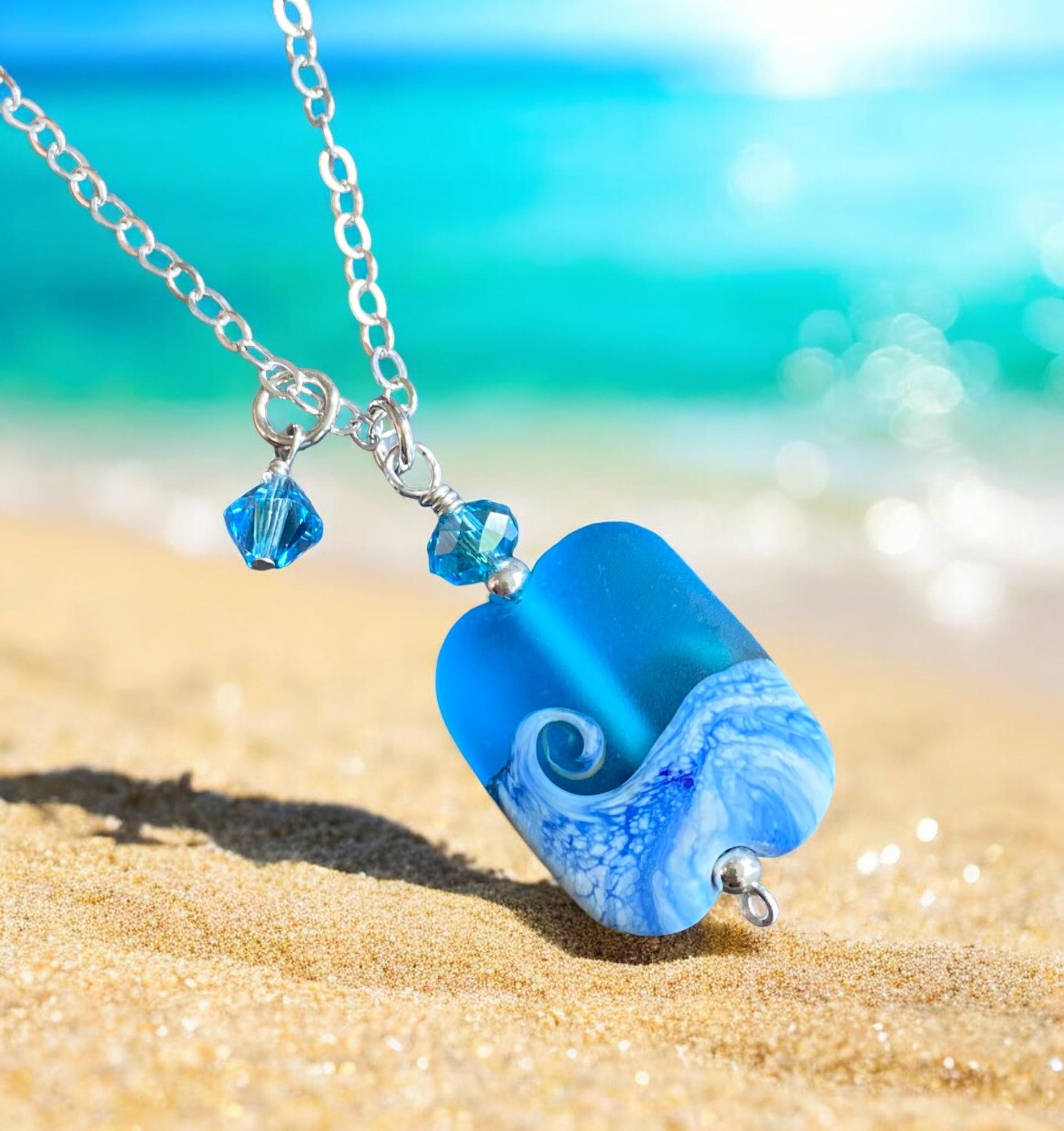 Ocean Beach Wave Necklace, Blue Beach Wave Necklace,Ocean Wave Lampwork Pendant, Beach Wave Jewelry, Blue Sea Glass Necklace sterling silver